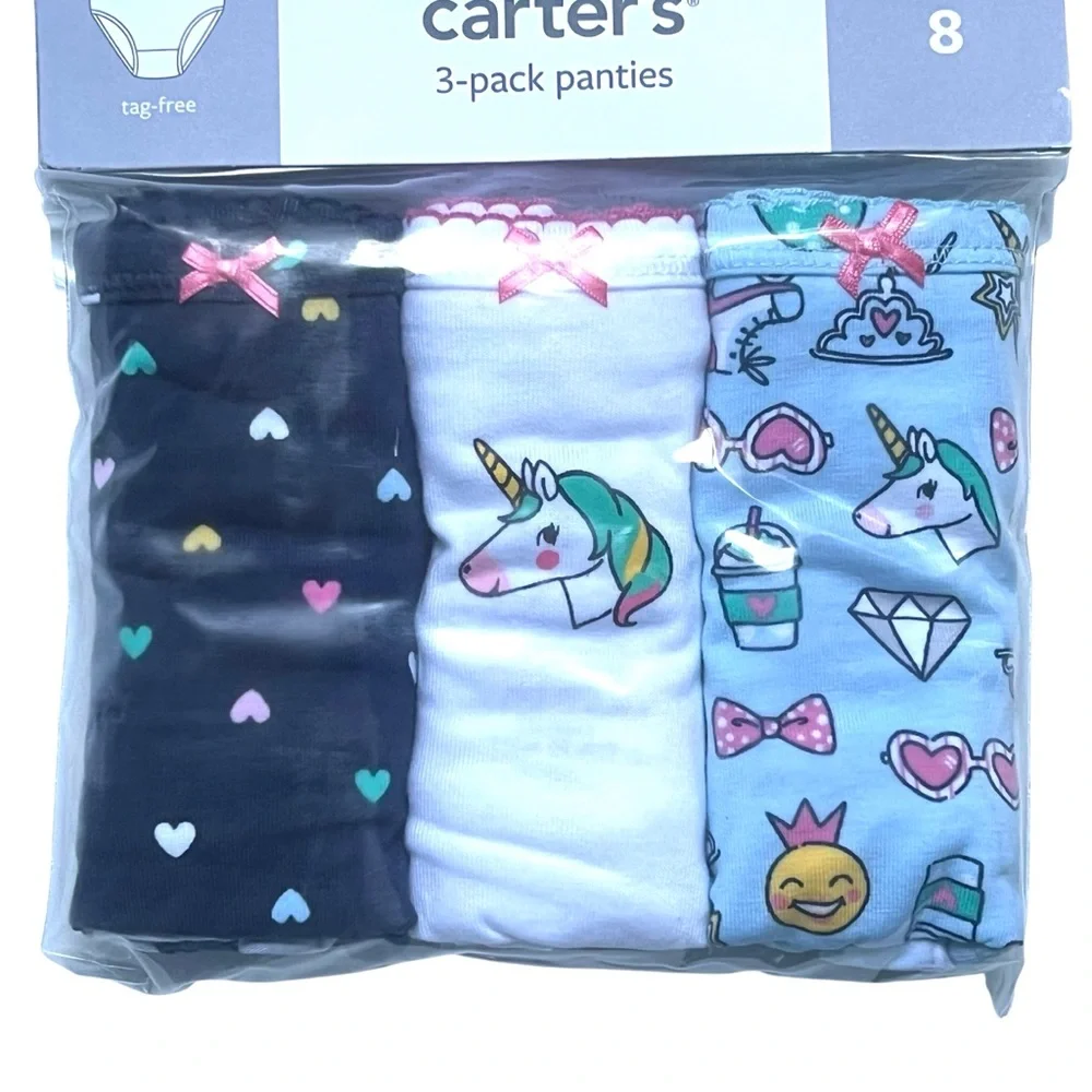Carter's Girls 3-Pack Unicorn & Heart Print Panties - Black, White, Light Blue